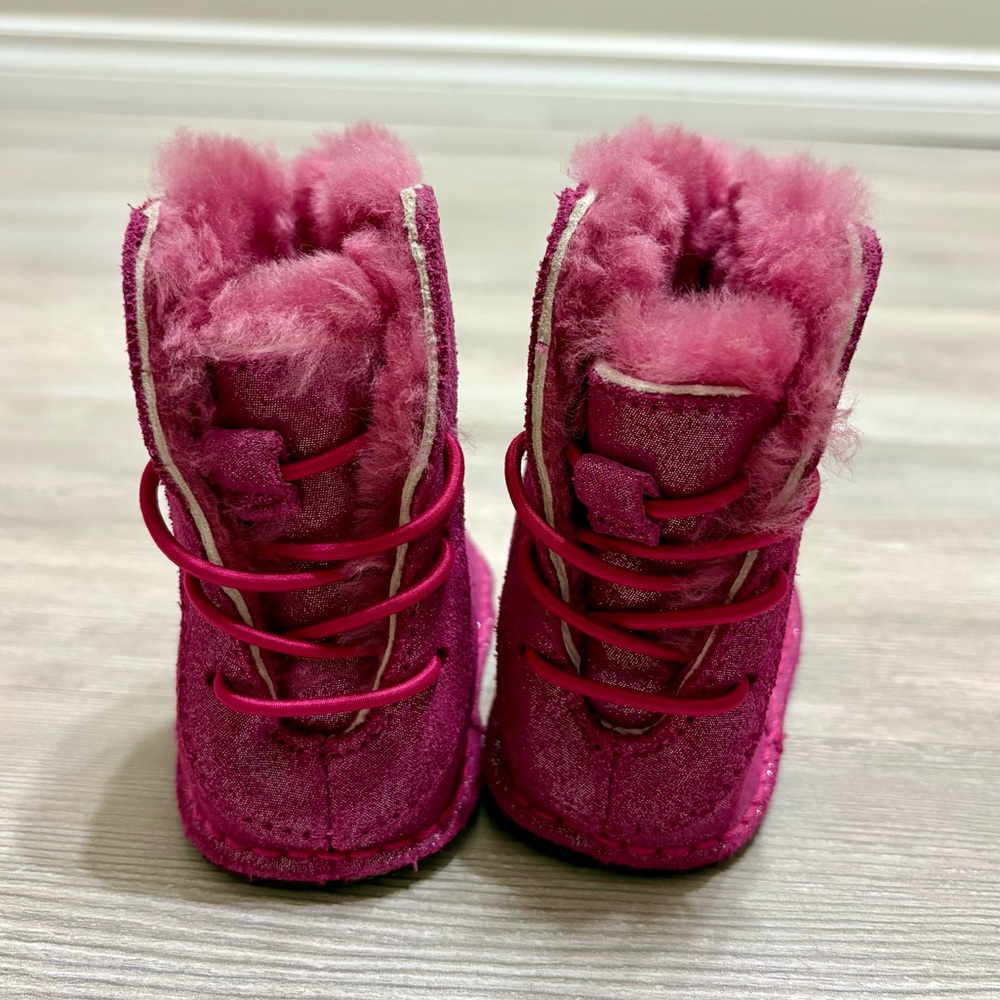 UGG Australia Baby Boo Glitter Elastic Lace Back SlipOn Fuzzy Toddler Boots Pink - Picture 2 of 10